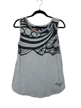 DESIGUAL Gray and Black Multi Color Lined Tulip Back Tank Top size Medium